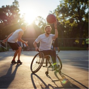 Man in wheel chair playing basketball