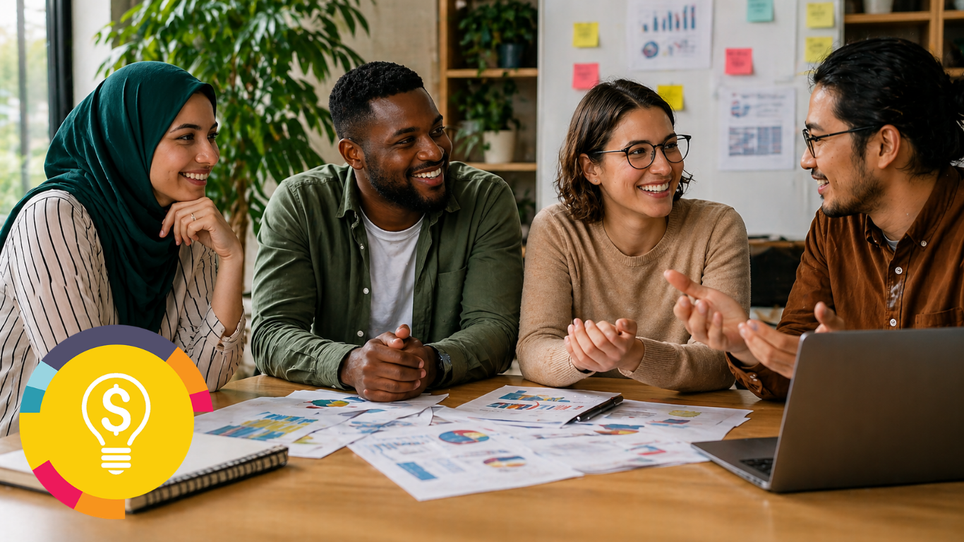 Diverse team collaborating around a table with charts and laptop, representing accessible and practical social impact measurement.